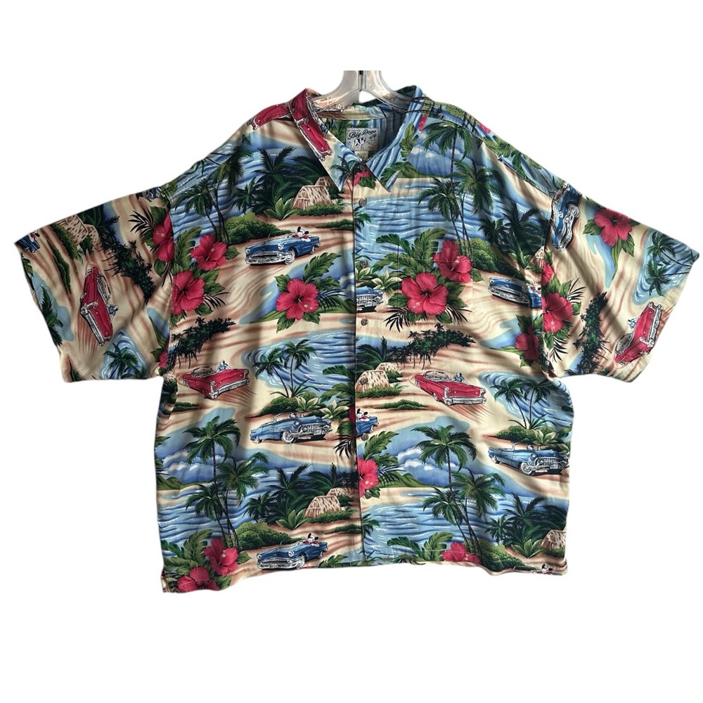 Big Dogs men's Hawaiian shirt size 5X dog palms tropical cars floral rayon